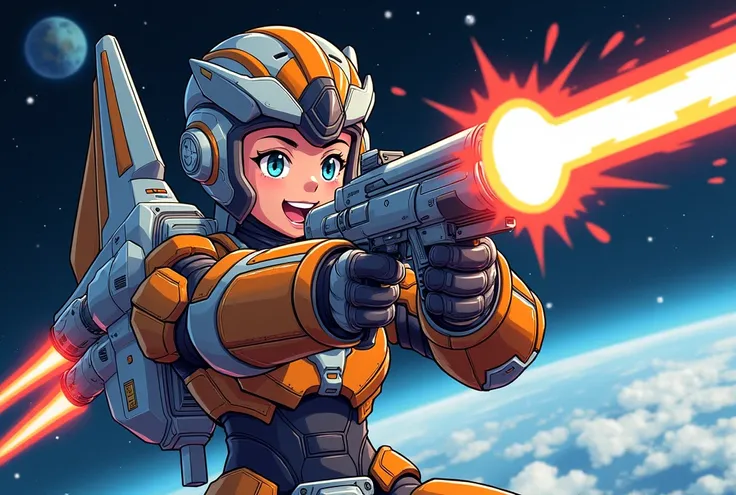 A colorful manga-style illustration of a 17-year-old character personified from a futuristic space fighter jet. The character wears heavy, advanced armor that mimics the robust metallic surface of the space fighter jet, with a glossy, steel-like finish tha...