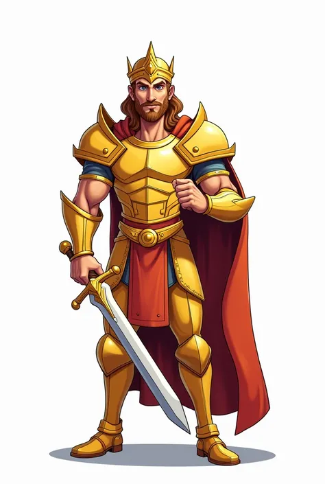 Can you help me generate a cartoon of a statue of a golden prince,  standing full body with his sword  (white background ) 