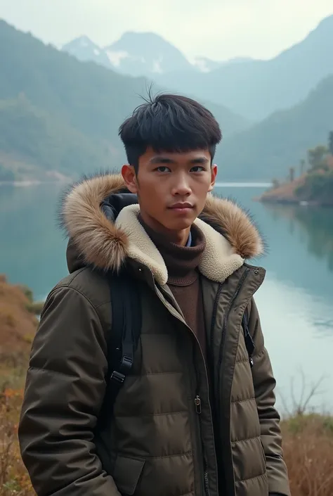  Indonesian teen man wearing fur winter jacket. Short hair background lake Toba 