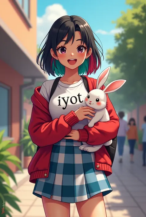 A 21 year old woman with black hair with red and green bottoms, carrying a cute rabbit, wearing a white t-shirt that says iyot, a red cardigan, a short blue and white checkered skirt, and midriff sneakers, in the campus hall.