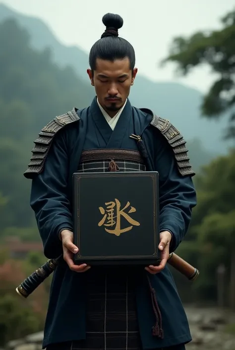 Write the word yami on a beautiful box in the hands of a samurai. 