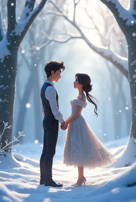 a very clear HD image of "animated beautiful heighted women and man in snow, boy propose girl, girl wearing frock "