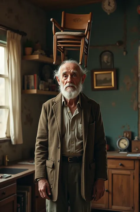 A 125-year-old man is standing in his house with a chair on his ears