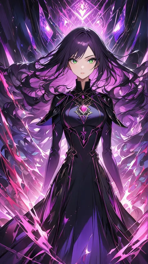  28 year old dark purple haired womans bust up from The Dark Magician,  has dark green eyes and long, narrow pupils(1.8), Inside a dark castle in a fantasy world ,  flying in a red convertible , 髪型はchestまでの長いストレートで毛先が軽く巻かれている。
Eyebrows/eyelashes： firm shap...