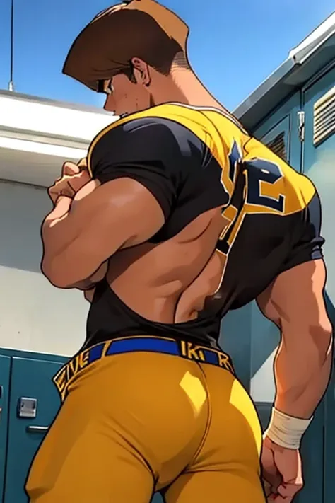 Seto Kaiba from Yu-Gi-Oh, bodybuilder, sweaty, defined body, big legs, locker room, leaning against the lockers, wearing football uniform, vapid stare, sweaty body, big bulging crotch, shoulder pads, football jersey, football cleats, football pants, hypnot...