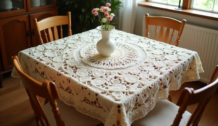 Beautiful tablecloth design knitting with wool crochet around chairs square table birds design full view 