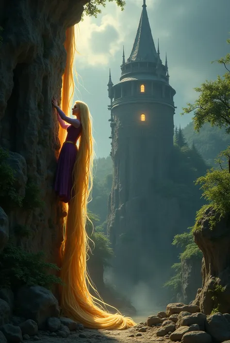 Mother gothel climbing up rapunzels long golden hair to get up in the tower
