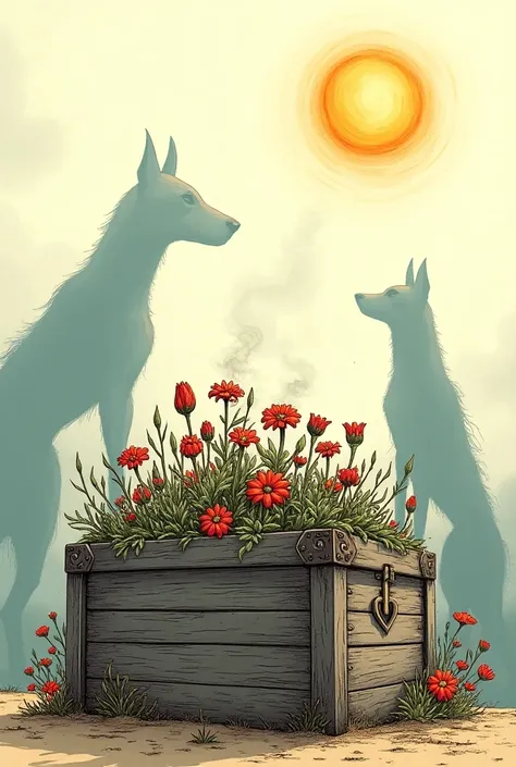 Create an old closed box in poor condition with flowers rising from the chest and back 3 shadows 1 of a big bony dog and a sponge and from the box that ash falls and there is a bright sun above it do it as a coloring picture