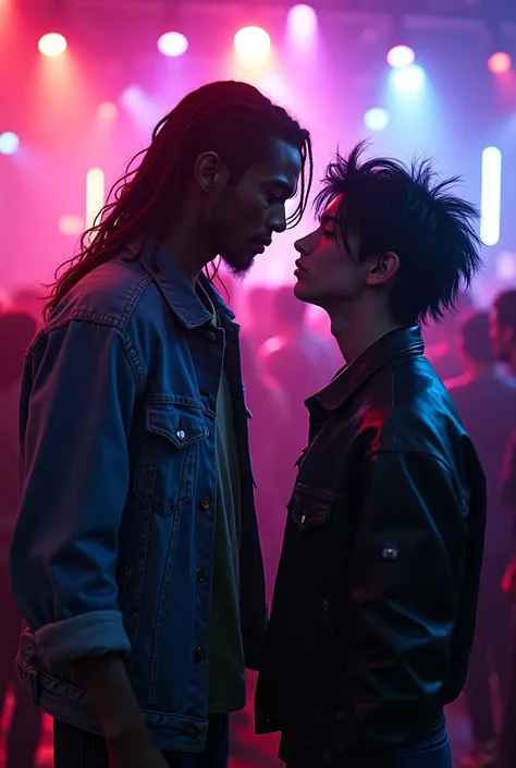 Two young men, one tall , moreno,  long brown hair ,  denim jacket and green shirt ,  another low , white,  long black hair and punk-style clothing ,  both are in the center of a dancing club and looking into each others eyes,  in the background there are ...