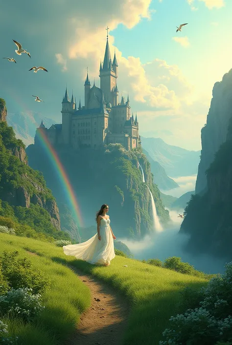 A breathtaking fantasy scene featuring a majestic castle perched on a tall mountain with cascading waterfalls, a vibrant rainbow arching across the sky, and a serene flock of white birds soaring gracefully. In the foreground, a beautiful woman walks gracef...