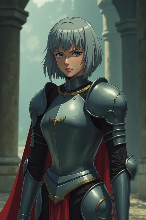 still frame from a 1980s vintage anime, (old anime style) , woman in knight armor, grey short hair, (VHS quality) , dramatic, dynamic, dull colors