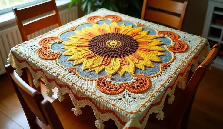 Beautiful tablecloth design knitting with wool crochet around chairs square table full sunflower design full view 