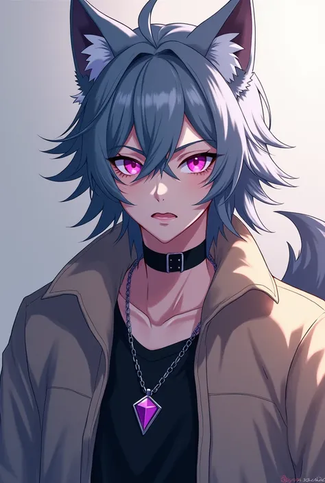  An anthropomorphic anime-style wolf teenager with blue-gray fur,  Wearing a  ,  with black combat boots ,  has magenta eyes , An earring in his ear  ,  has a black collar with a gemstone in the shape of a magenta diamond,  skin-colored jacket his hair is ...