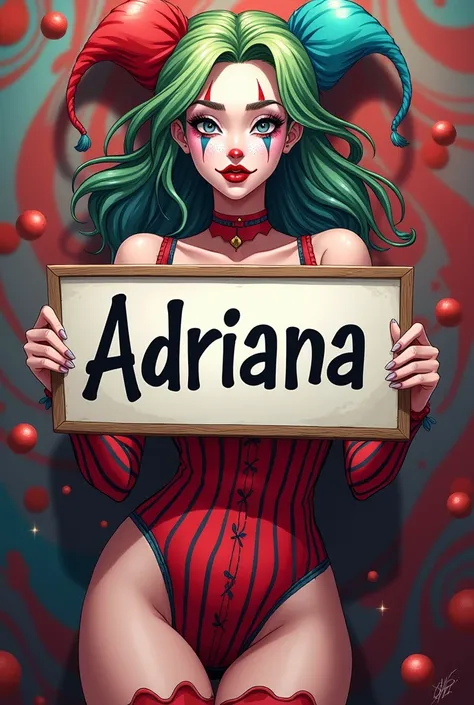 A very sexy clown holding a sign that says "Adriana "  anime style