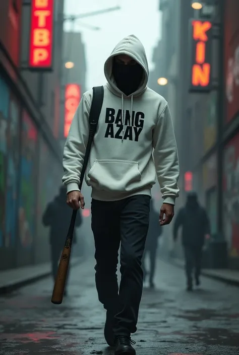 A man wearing a white Hoodie sweater and a mask is walking carrying a baseball bat there is a logo Name BANG AZAY On Sweater Hoodie,gengster city background  