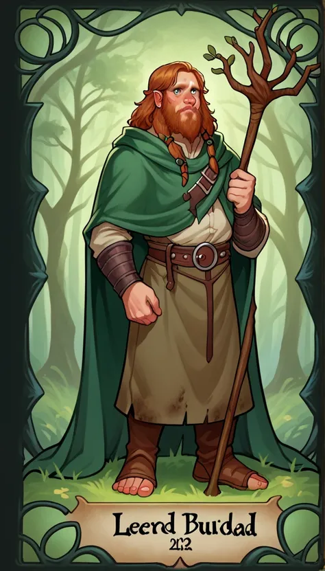 Full body portrait of 1 male fantasy dwarf, druid, lord of the rings dwarf, rpg dwarf, dnd dwarf, short, dirty druid clothes,wood branch staff with mushrooms, big nose, long black beard, black druid clothes, green cloak, standing on your feet, (((solo))), ...