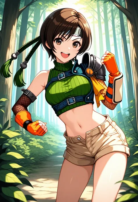 (masterpeace,Best Quality),(absurdres),(source_anime),intricate, hyper-detailed,  BREAK 1girl, yuffie kisaragi, final fantasy, short hair,headband,navel,sleeveless,turtleneck,brown eyes,sleeveless turtleneck,solo,breasts,smile,gloves,crop top,brown hair,sh...