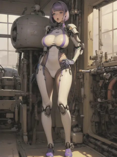 (Full body images:2), (One/woman/ mechanic:1.8), (Extremely large breasts:1.8), (all  mechanical body:2), (Bionic Armor Equipment:1.5),  white and black gears , (She is standing in a seductive pose near the window of her spaceship、Looking into space:1.5), ...