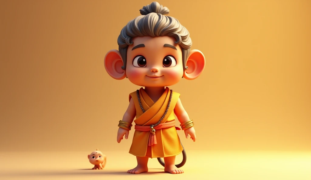 Indian god hanuman ji of a monkey face and a golden body, Without beard and moustaches and as a  wearing dress like a monk. Wearing a thick thread on the shoulder. Generate ultra 4 k image, 3 d cartoon type and cute. No beard and moustache. No beard no mou...