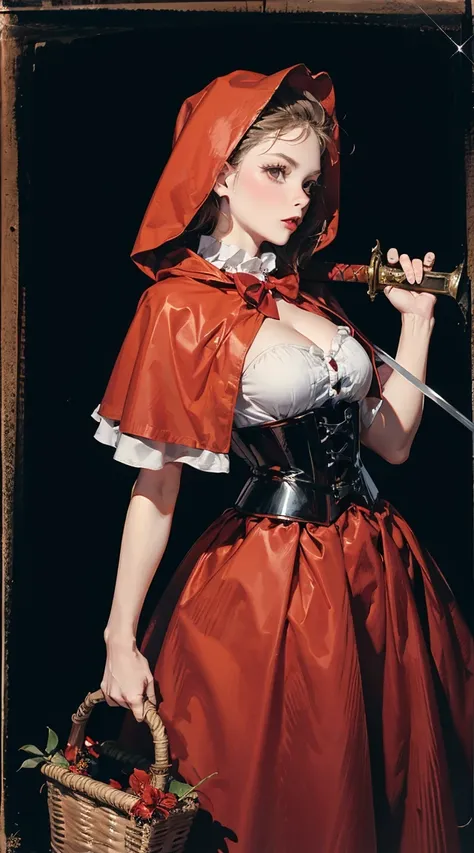 little red riding hood, red dress, basket, skirt, corset, Wielding sword, arm0rs3nt1n3l