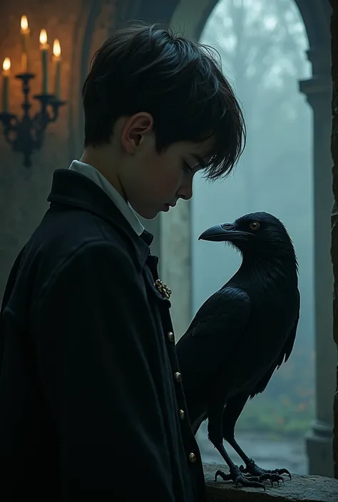 Boy,  gloomy indoor environment, fantasy,  crow close-up 