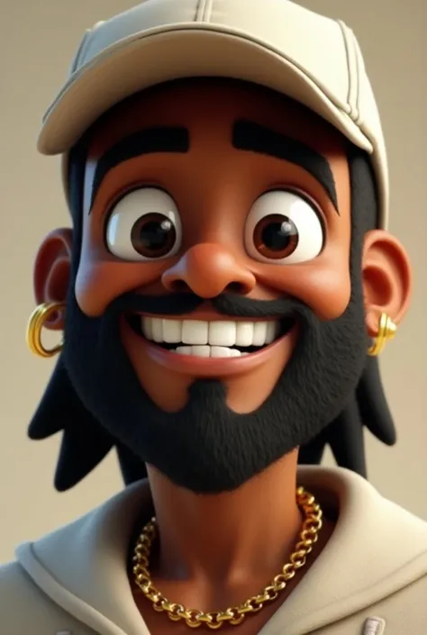 A 26-year-old black-skinned man , long black beard with gold earring on the right side in small eyes ring ,  straight hair with short white cap and gold chain with cross  , thick eyebrows with white scuba , big smile and white teeth ,  Disney Pixar style 3...