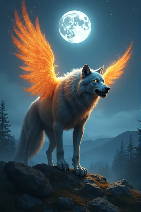 Werewolf with flaming wings, admiring the full moon.