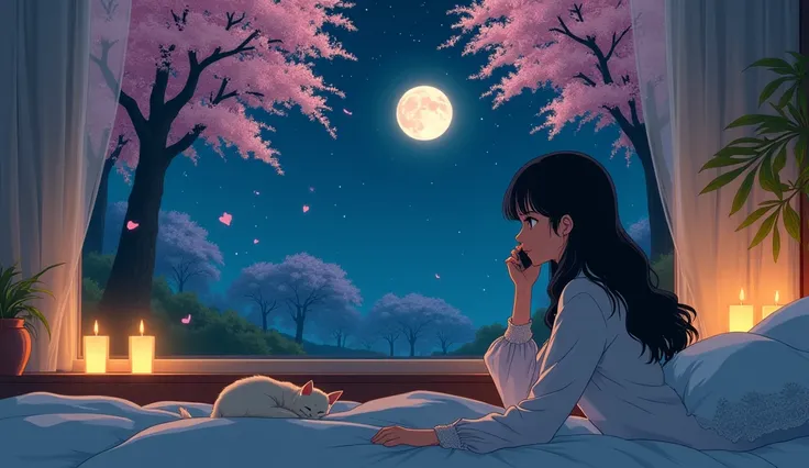 late at night, A girl with long black wavy hair is leaning on the bed in long-sleeved pajamas with white lace and talking on the phone.  Her cheeks are flabby and shy . There is a cat sleeping next to me .  There is a big full moon floating outside the win...