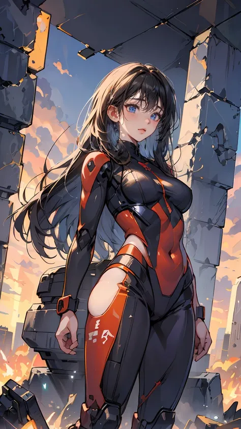 whole body, whole body,  from head to toe, 1 girl in a futuristic robot suit, Background of a ruined town in the near future,Behind is the remains of a giant robot、 medium hair