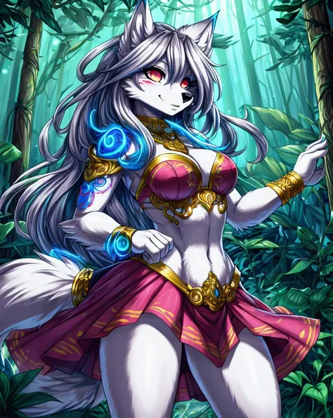 An anime-style hot Wolf woman anthropomorphism warrior, performing a powerful spin attack with dual blades, confident smile, long hair flowing, vibrant outfit with intricate patterns. In a mystical forest with glowing plants and neon creatures, colorful en...