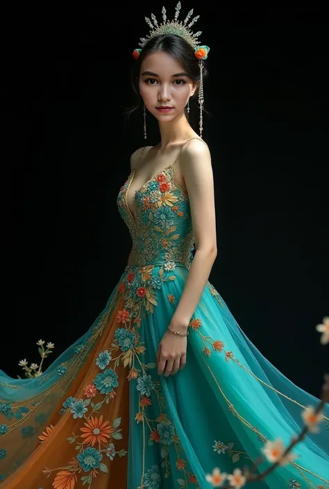 Very beautiful Asian female, wearing peacock dress, very dinamic camera works, great focus and bokeh, great lighting, realistic photo, simple black background