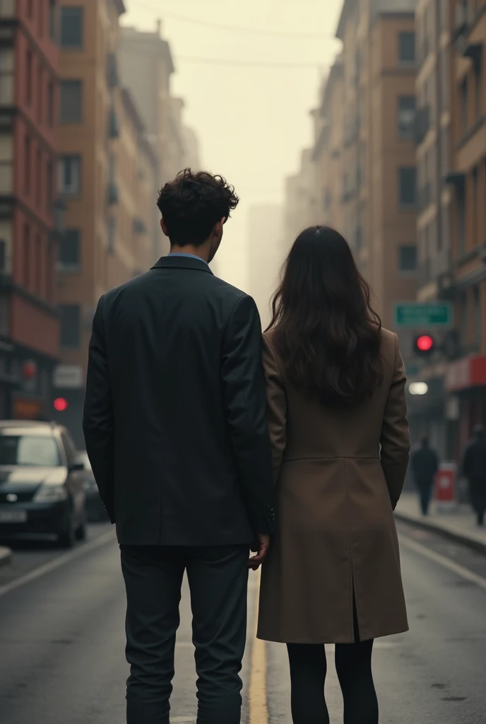 It portrays in a medium-SHORT plane  ( plane from head to waist )  a couple on the street, With their backs to each other  ( his back leaning against her back), Both crestfallen 
