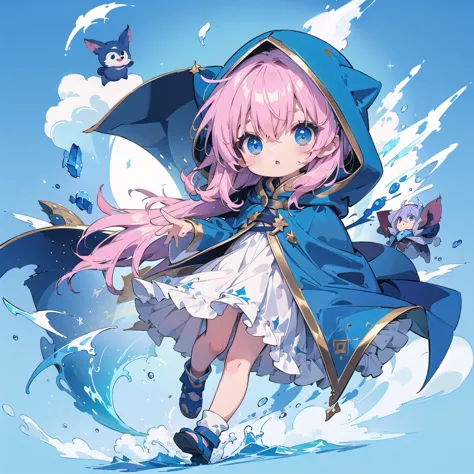 chibi、cute、 little  wearing a blue hooded cloak、the cape reaches up to the ankles 、