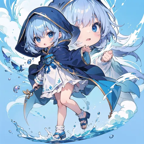 chibi、cute、 little  wearing a blue hooded cloak、the cape reaches up to the ankles 、