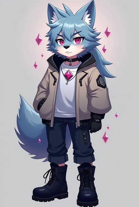  An anthropomorphic anime-style wolf teenager with blue-gray fur,  Wearing a  ,  with black combat boots ,  has magenta eyes , An earring in his ear  ,  has a black collar with a gemstone in the shape of a magenta diamond,  skin-colored jacket his hair is ...