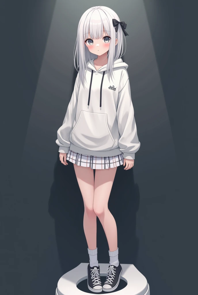 white hoodie with no lettering ,  short white plaid skirt,  standing with a strand of white hair,  hair is white, , Wearing a dark white ribbon , Eyes are dark white, , eyes are small, Short stature, Small hands , My hands are thin,  slim body, and , An an...