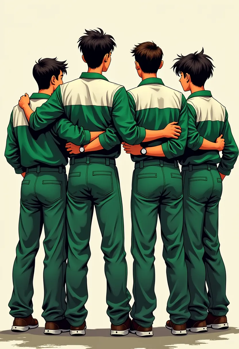 "four high school teenage boys wearing smk safety wearpack uniforms with short sleeves, standing side by side with arms around e...