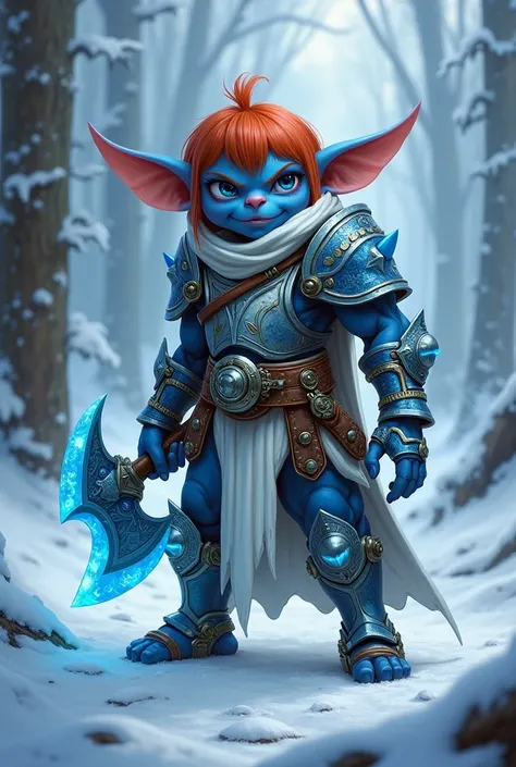 Create magic the gathering style a handsome blue male male goblin with short straight red hair with blue eyes wearing light metallic steampunk ice armor with blue ornaments holding an ice axe with blue ornaments in a beautiful snowy forest