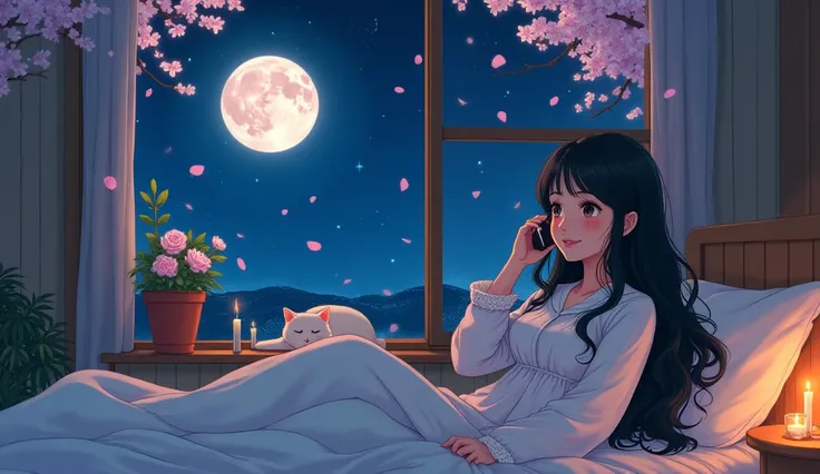 late at night,  A girl with long black wavy hair is leaning on the bed in long-sleeved pajamas with white lace and talking on the phone. Shes smiling shyly with her cheeks puffy . There is a cat sleeping next to me .  There is a big full moon floating outs...