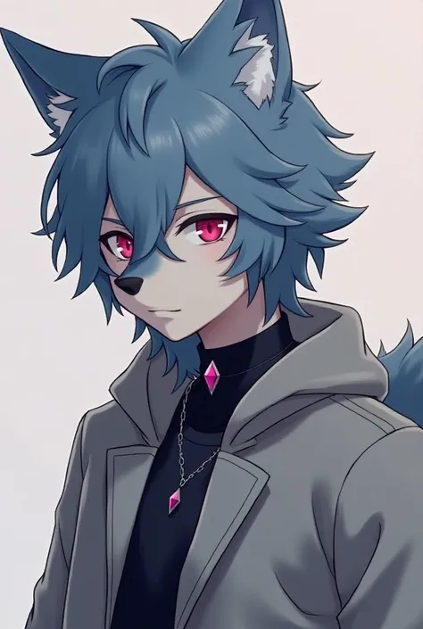  An anthropomorphic anime-style wolf teenager with blue-gray fur,  Wearing a  ,  with black combat boots ,  has magenta eyes , An earring in his ear  ,  has a black collar with a gemstone in the shape of a magenta diamond,  skin-colored jacket his hair is ...