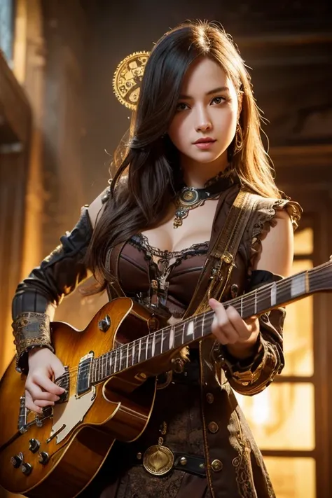  A steampunk-inspired woman in revealing clothes is playing an electric guitar,  Detailed Face and Eyes , Long Hair,  Beautiful Intricate Gears and Machinery , Brass Accents , Warm lighting,  Dramatic Shadows,  very detailed, 8k, Photographically,  Movie-l...