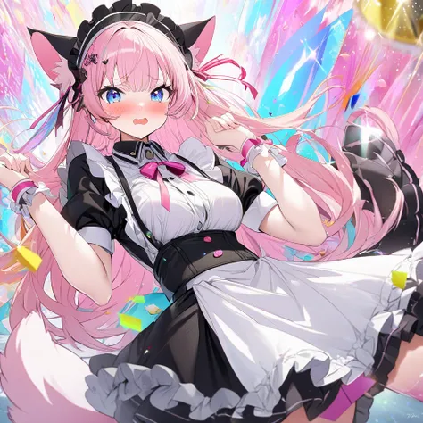 1girl, masterpiece,  best quality,  very aesthetic,  ultra high resolution、Maid、Maid服、Cat ears、tail、 pretty girl、Cute、Beauty、beautiful、Shake it、 imaginary、 colorful 、 embarrassed 、Embarrassed、 glitter