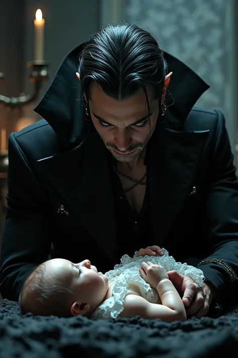 a beautiful vampire showing his fangs trying to bite a baby