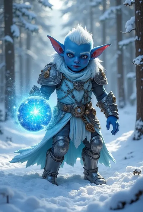 Create magic the gathering style a handsome male blue male goblin with short white hair with blue eyes wearing light metallic steampunk ice armor adorned with a freezing energy sphere in his hand in a beautiful snowy forest