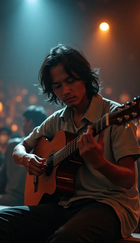 a male indonesian musician sitting engrossed playing an acoustic guitar. Eyes facing the camera an emotional expression on their faces ,  with long disheveled hair and casual clothes , surrounded by a brightly lit stage .  Combine elements that evoke a sen...