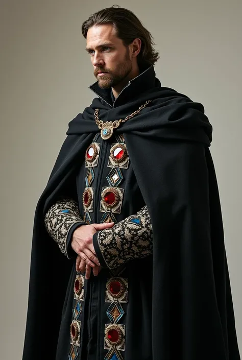 a man in medieval black and white clothing,  with colored jewel details , blue, red, brown and white 
