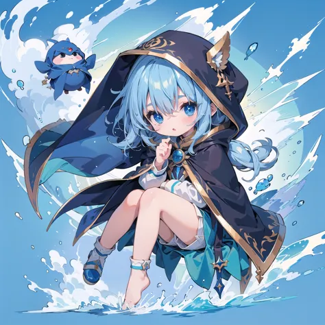 chibi、cute、 little  wearing a blue hooded cloak、the cape reaches up to the ankles 、