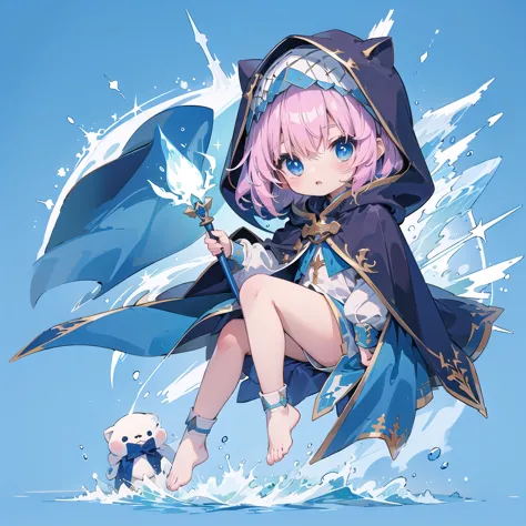 chibi、cute、 little  wearing a blue hooded cloak、the cape reaches up to the ankles 、