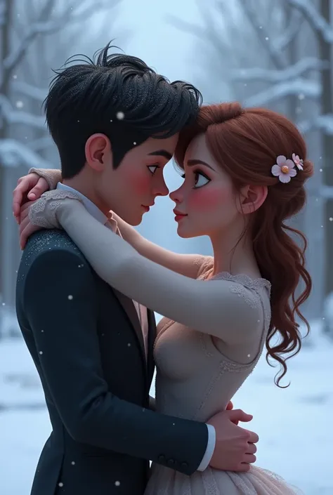 a very clear HD image of "animated beautiful heighted women and man hug to each other but women looking other man sadky and other man also sad looking to women in snow weather"