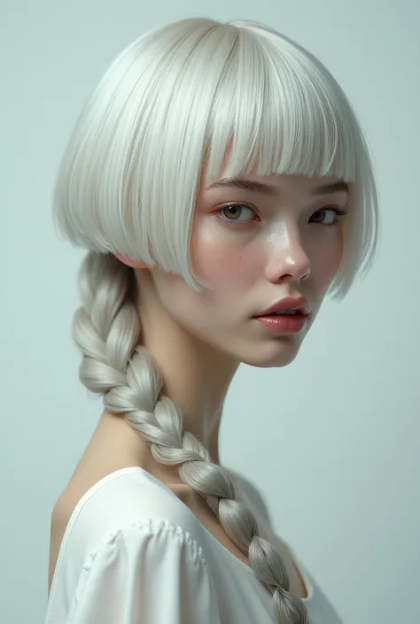 Regenerate me an image of a woman with white short hair at the rear and bangs, the back hair is long, flowing into a single braid that extends down her back creating a striking contrast with shorter parts, length is below her knees